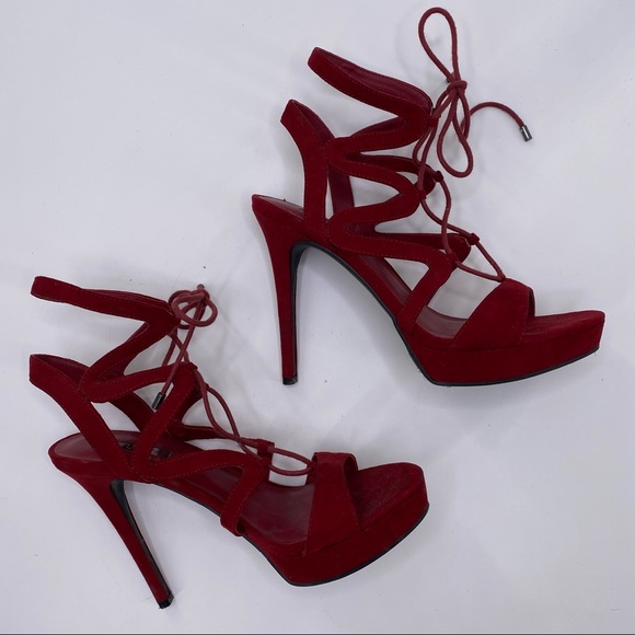 GUESSE Sexy Red Velvet Lace Up High Top Stilettos - Picture 2 of 7